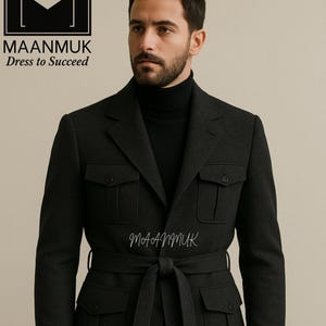 Black Wool Belted Blazer for Men | Tailored Black Suit Jacket | Elegant Italian Style Wool Coat | Wool Suit -Belted Safari Suit