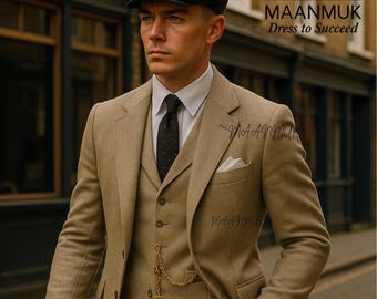 Peaky Blinders Men's 3-Piece Beige Tweed Suit | Vintage 1920s Herringbone Thomas Shelby Wedding -Formal Wear