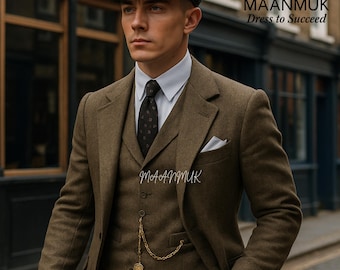 Peaky Blinders Khaki Tweed Suit | 1920s Vintage Wool 3-Piece