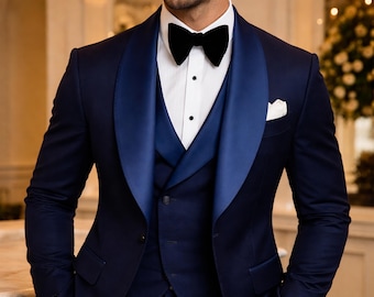 Men's Navy Blue 3-Piece Tuxedo | Royal Blue Shawl Lapel Suit | Custom Wedding Groom Tux | Elegant Prom Suit | Bespoke Formal Menswear