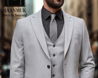 Men's Light Grey Slim Fit 3-Piece Suit: Wedding, Prom, Business