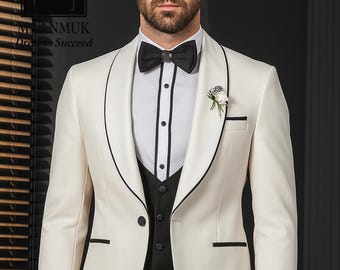 Ivory Tuxedo Suit: Slim Fit Wedding Groom Attire with Black Lapel