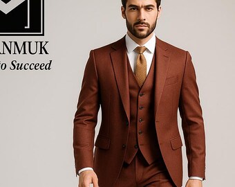 Men's Rusty Brown Three Piece Suit: Slim Fit Poly-Viscose Wedding Suit