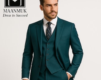 Men's Teal Blue Slim Fit 3 Piece Suit: Poly-Viscose Wedding Groom Attire