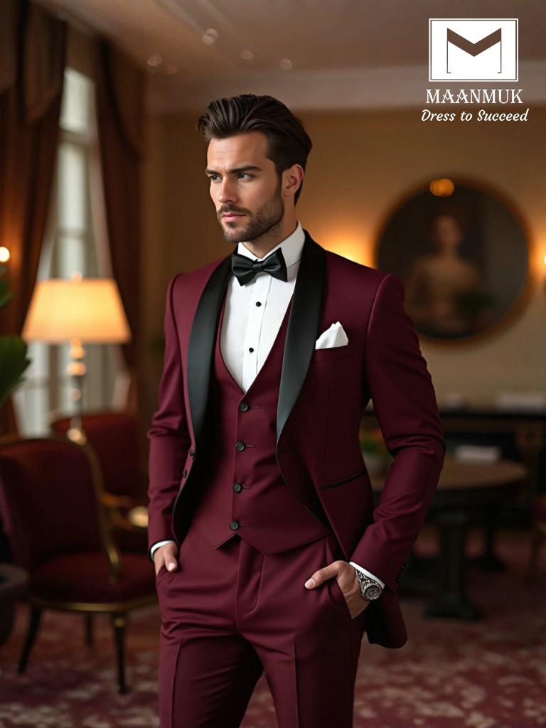 Dapper Maroon Burgundy Tuxedo: 3-Piece Men's Suit with Black Shawl Lapel - Perfect for Weddings & Premier Events