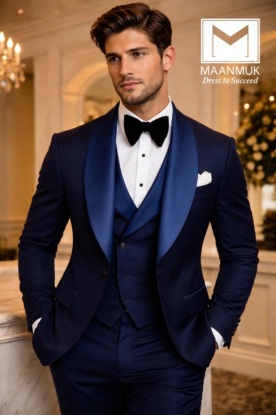 Men's Navy Blue 3-Piece Tuxedo | Royal Blue Shawl Lapel Suit | Custom Wedding Groom Tux | Elegant Prom Suit | Bespoke Formal Menswear