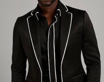 Men&#39;s Black Suit with White Piping | Modern Slim Fit Formal Blazer | Prom Wedding Dinner Jacket- Black Tuxedo