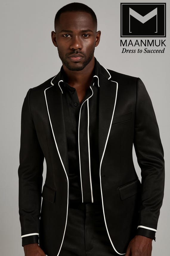 black mens dress jacket Men's Suit With White Piping: Slim Fit Blazer & Trousers love the back of formal event dress CPB:Variant for price 125 making it versatile from