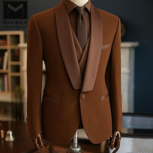 Men&#39;s Brown 3 Piece Tuxedo | Chocolate Satin Lapel Vest Set | Wedding Prom Formal Suit- Brown Tuxedo Suit