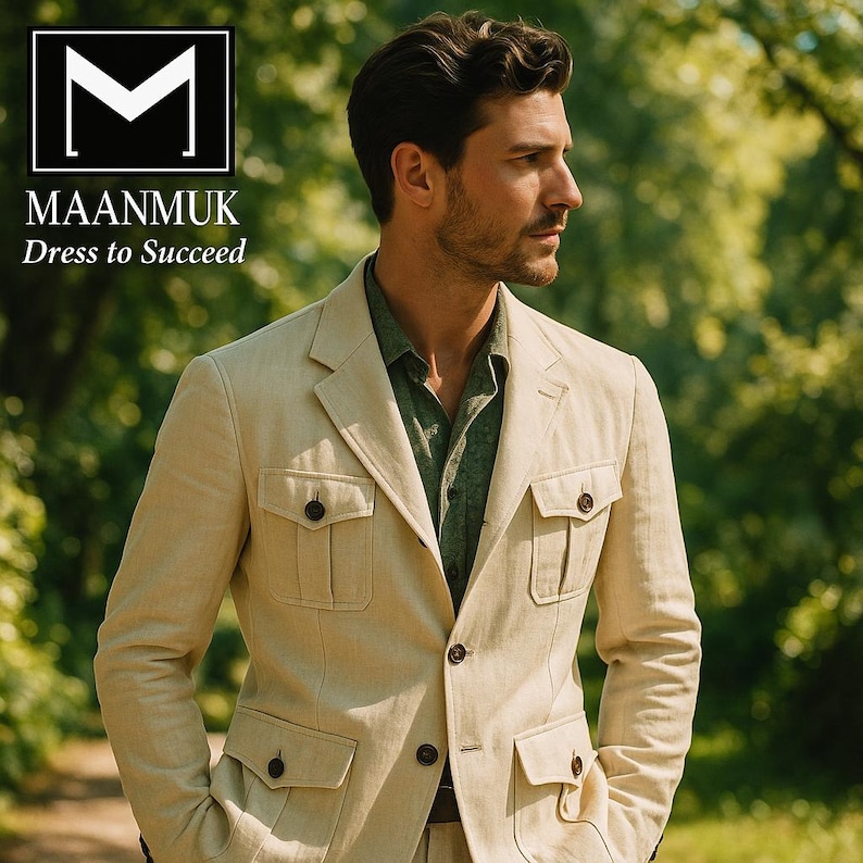 May include: Beige safari jacket with four front pockets and dark brown buttons. The jacket is worn over a green shirt. The text "MAANMUK Dress to Succeed" is in the upper left corner. The background is a blurred outdoor scene.