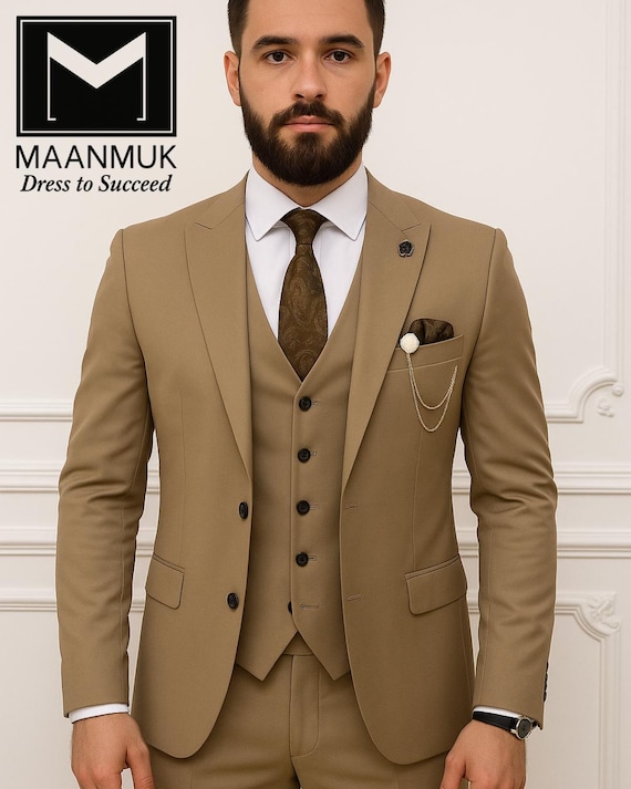 straight fit dress pants men Mens 2 Button Slim Fit Poplin Suit in Tan – SignatureMenswear main image 1