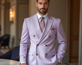 Lavender Double-Breasted Suit: Slim Fit Poly-Viscose Wedding Attire
