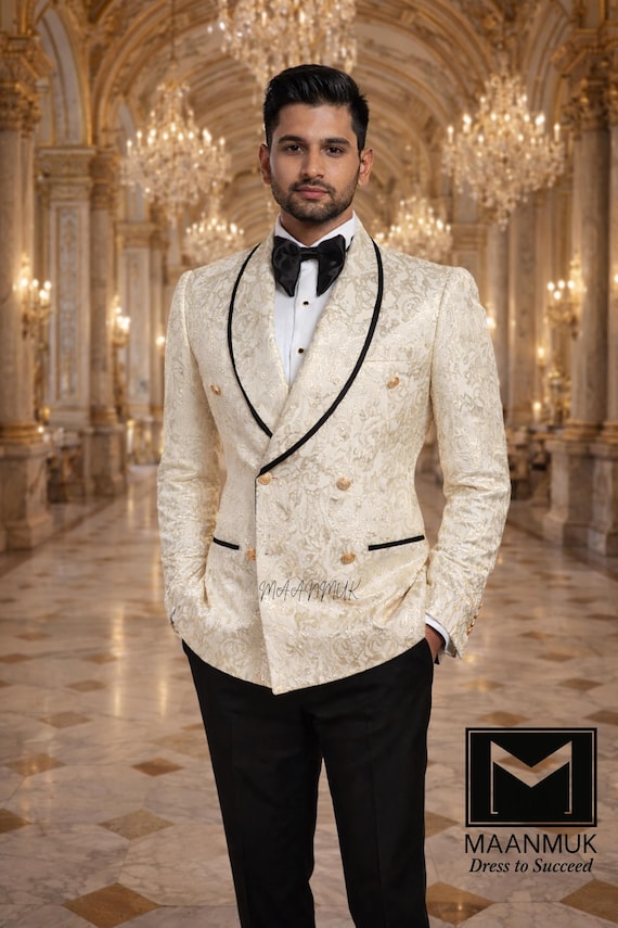 cream dress code Jacquard Tuxedo Suit | Men's Floral Shawl Lapel Wedding Suit | Formal Groom & Prom Attire Tan Beige Bridesmaid Dresses contemporary look A wedding dress Color:Off White - Ivory - Cream Color gentle