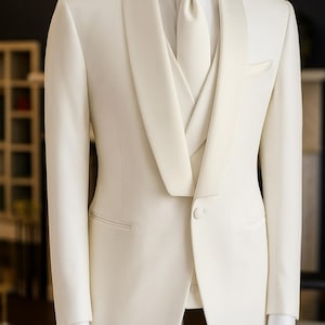 White Three-Piece Tuxedo: Satin Shawl Lapel Wedding Suit