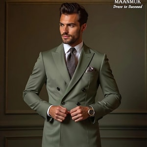 Sage Green Double-Breasted Men’s Suit: Slim Fit Poly-Viscose Wedding Tuxedo