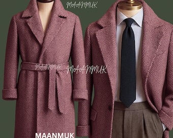 Altrosa Fischgrätenmantel | Maßgeschneiderte Woll-Tweed Trenchcoat | Vintage Winter Staubwedel