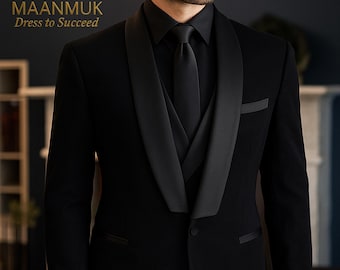 Men&#39;s Black Tuxedo Suit - Shawl Lapel 3-Piece Formal Wear - Wedding Prom Gala Dinner Jacket
