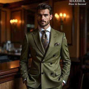 Olive Green Double-Breasted Men&#39;s Suit: Slim Fit Poly-Viscose