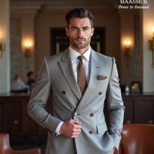 Grey Double-Breasted Men’s Suit | Groom Tuxedo | Wedding, Party & Business Suit- Charcoal Grey suit - Light Grey Suit