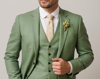Slim Fit Sage Green Suit: 3-Piece Wedding Groomsmen Attire