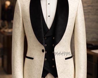 Cream Jacquard Tuxedo Suit | Men's Floral Shawl Lapel Wedding Suit | Formal Groom & Prom Attire