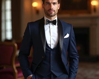 May include: A navy blue three-piece suit with a black lapel tuxedo jacket, white dress shirt, and black bow tie. A white pocket square is visible. The suit is from the brand MAANMUK, with the tagline "Dress to Succeed".
