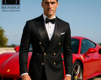 Men's Black Double Breasted Tuxedo: Gold Buttons, Satin Lapel