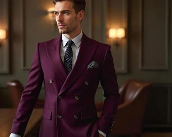  スキニーフィットスーツ バーガンディ バーガンディのダブルブレストスーツ：テーラードフィットのプロム