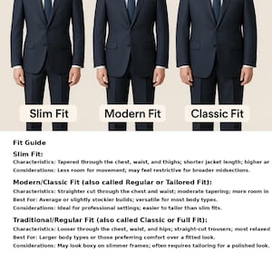 Puede incluir: Tres trajes azul marino en maniqu&iacute;es, mostrando diferentes cortes: Slim, Moderno y Cl&aacute;sico. La imagen incluye una gu&iacute;a de tallas que detalla las caracter&iacute;sticas y consideraciones de cada estilo, ofreciendo una comparaci&oacute;n visual.