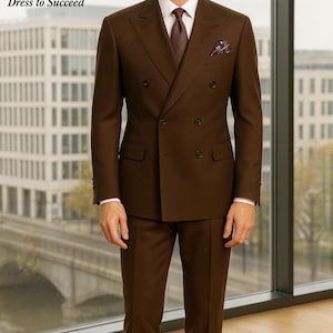 Dark Brown Double-Breasted Suit: Slim Fit Poly-Viscose Blend