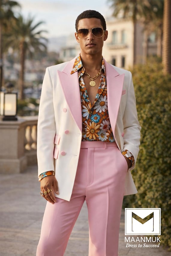 Men's Pink & White 2-piece Suit | Retro Double Breasted Peak Lapel Blazer Trousers | Summer Beach Wedding Tuxedo | Miami Vice Style Outfit