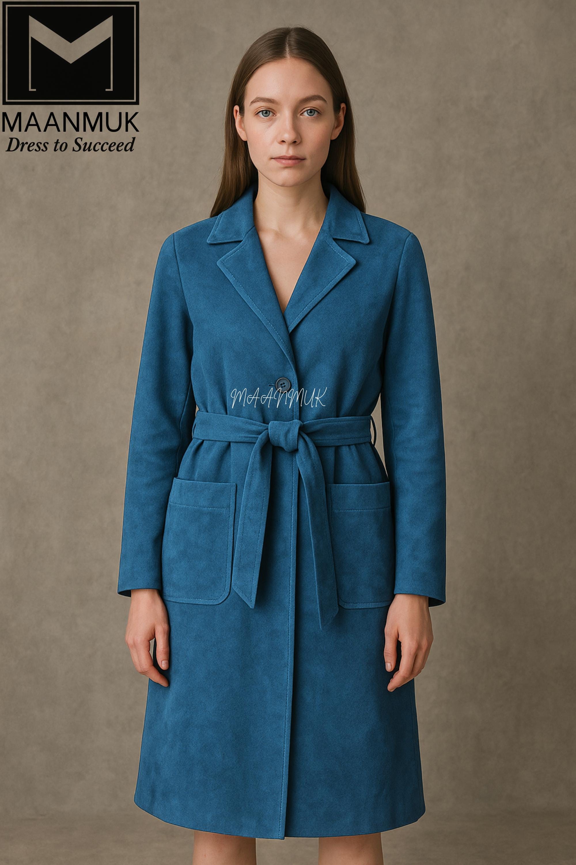 Women's Teal Suede Trench Coat | Elegant Belted Long Jacket | Fall