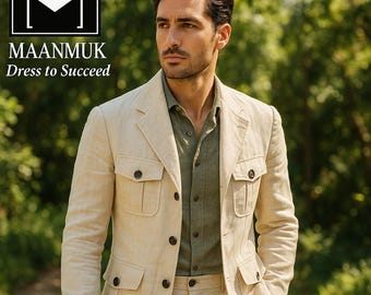 Linnen safarijack: beige reisblazer heren, slim-fit