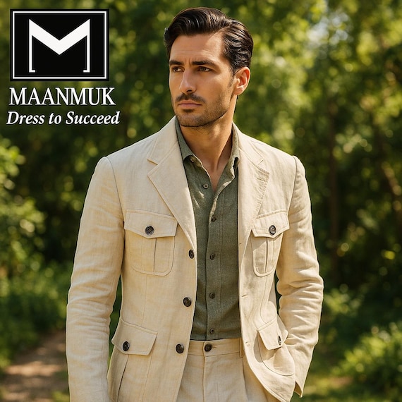 Linen Safari Jacket: Men's Beige Travel Blazer - Slim Fit