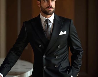 Traje cruzado negro para hombre: esmoquin de boda de poliviscosa de corte entallado