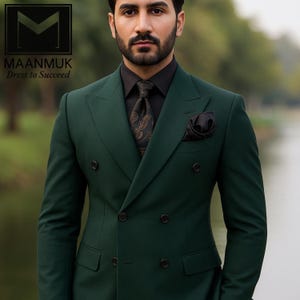 Men&#39;s Dark Green Double Breasted Suit: Wedding Prom Blazer