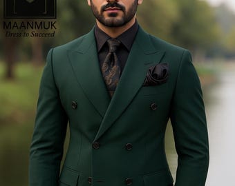 メンズダークグリーンスーツ：テーラードフィット、ダブルブレスト