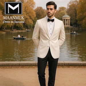 Men&#39;s Cream Dinner Jacket - Off White Tuxedo Blazer - Elegant Formal Separates - Wedding Reception Groom Attire -  White Suit  MAANMUK