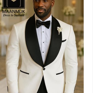Elegant White -Black Shawl Lapel Tuxedo for Men | Slim Fit Groom Wedding Prom Suit | Party Dinner Jacket Set - White Tuxedo
