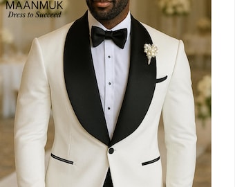Elegant White -Black Shawl Lapel Tuxedo for Men | Slim Fit Groom Wedding Prom Suit | Party Dinner Jacket Set - White Tuxedo