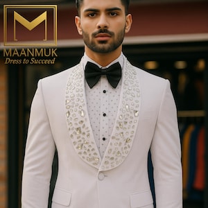 Men&#39;s White Tuxedo with Rhinestone Lapel | Prom Wedding Dinner Jacket | Crystal Embellished Blazer- Stone Work
