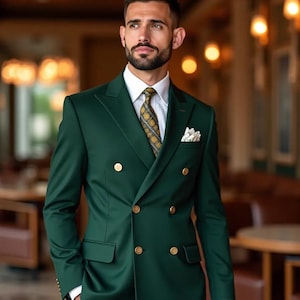 Emerald Green Double-Breasted Men&#39;s Suit: Slim Fit Poly-Viscose