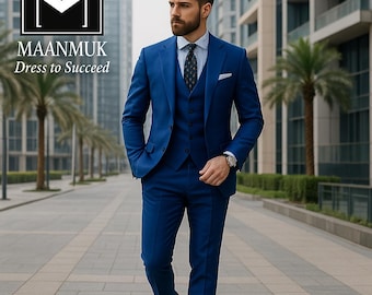 Royal Blue Men's 3-Piece Suit: Slim Fit Poly-Viscose Wedding Tuxedo