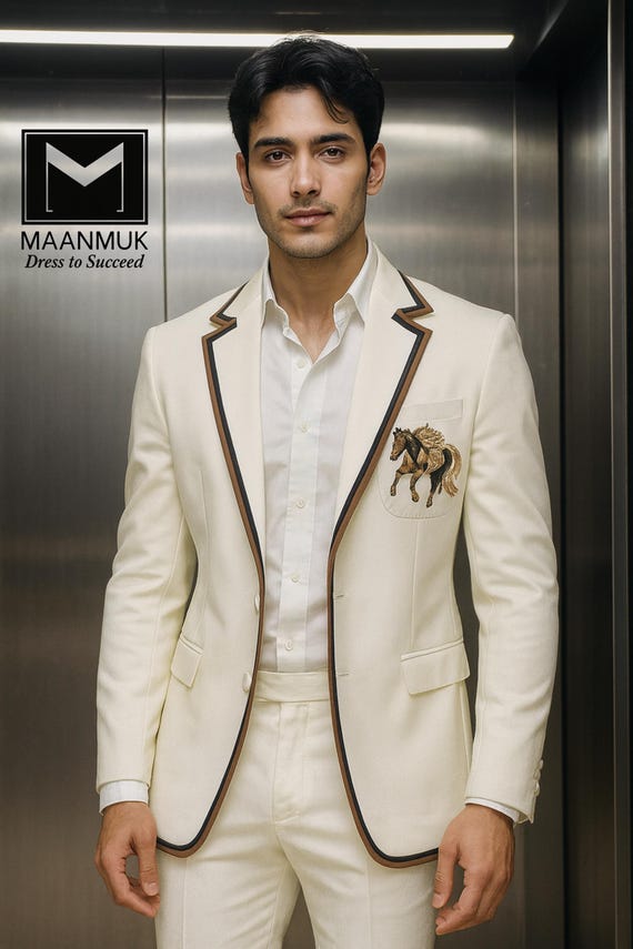 Men's Cream Suit Jacket: Gold Horse Embroidery, Brown Trim Detail - Etsy Men's Cream Suit Jacket: Gold Horse Embroidery, Brown Trim Detail - Etsy