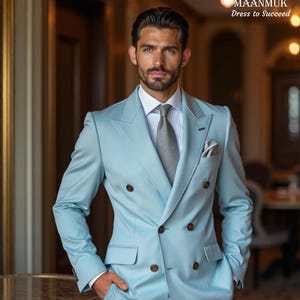 Sky Blue Double-Breasted Men’s Suit | Groom Tuxedo | Wedding, Party & Business Suit
