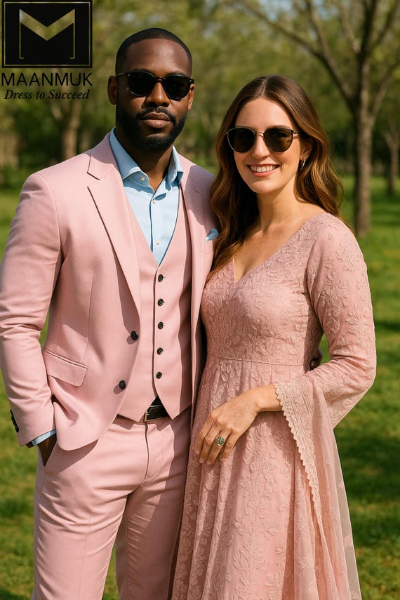 pink groom dress Bride in Blush Pink Lehenga and Groom in White Sherwani, Gold Details, Jewelry
