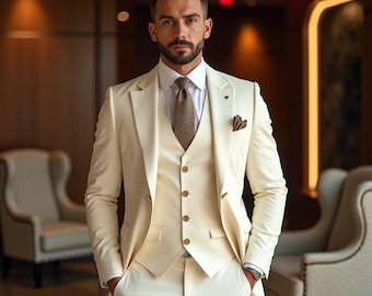 Men's Cream 3-Piece Suit: Slim Fit Poly-Viscose Wedding Suit