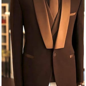 Men&#39;s Brown 3 Piece Tuxedo | Chocolate Satin Lapel Vest Set | Wedding Prom Formal Suit- Brown Tuxedo Suit