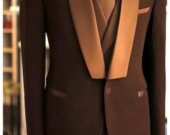 Esmoquin marrón para hombre: chaleco de satén con solapa - Traje de fiesta de boda