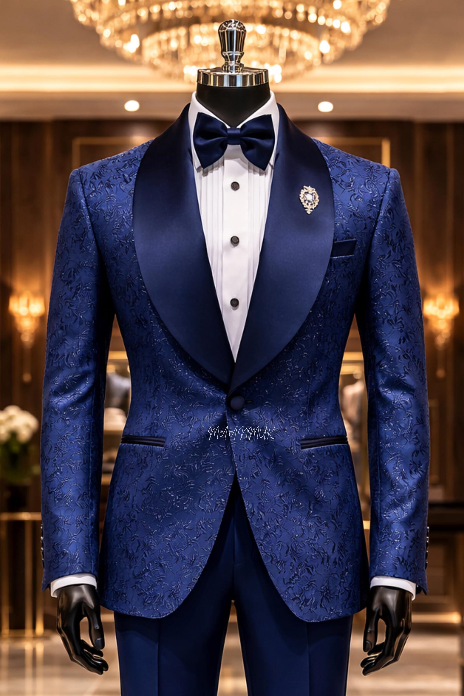 Royal Blue Patterned Suit With Black Shawl Lapel | Men's Custom Formal ...